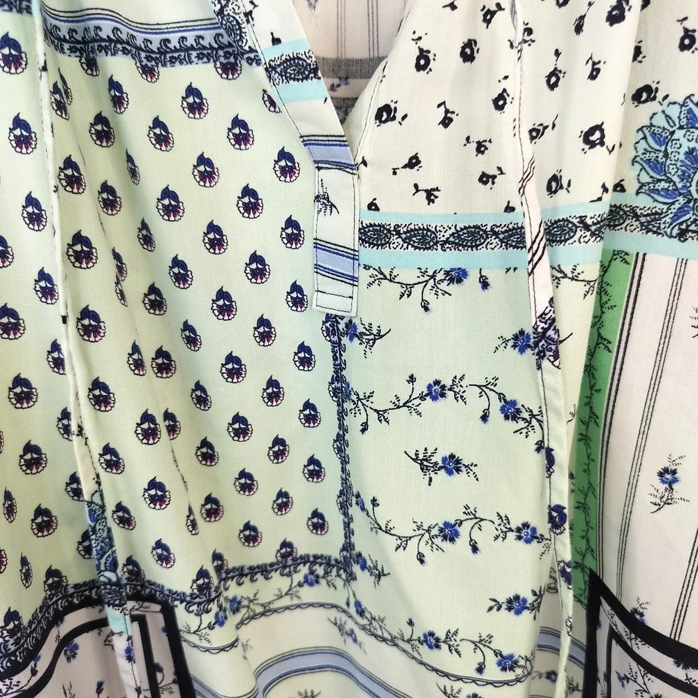 LOFT Patchwork Floral Blouse Womens XS Short Puff Sleeve Cottage Boho Blue